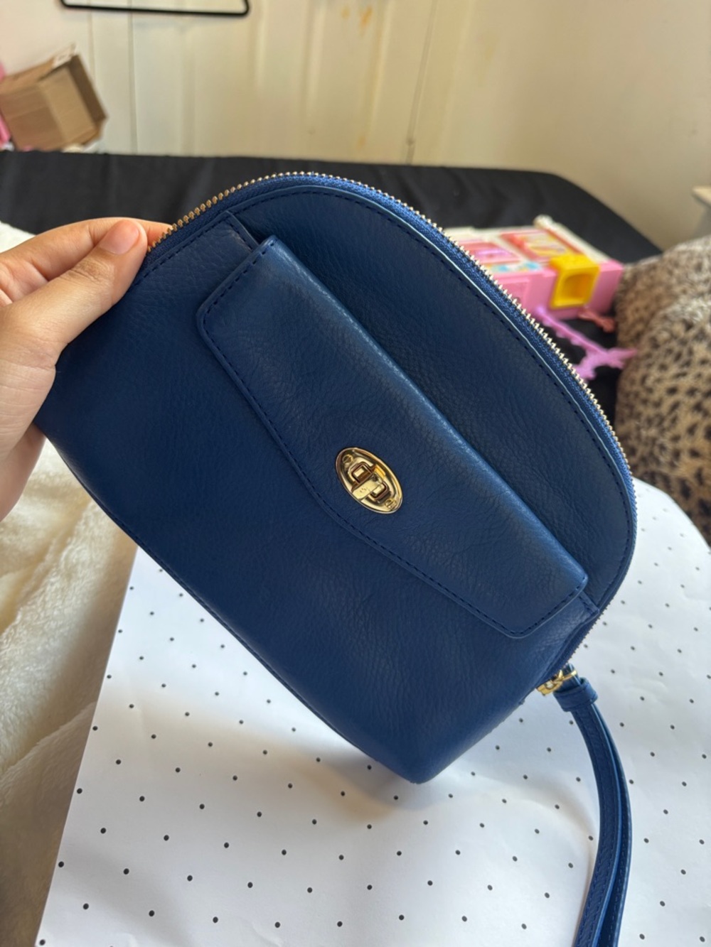 Talbots Navy Leather Wristlet Clutch with Gold Turn-Lock